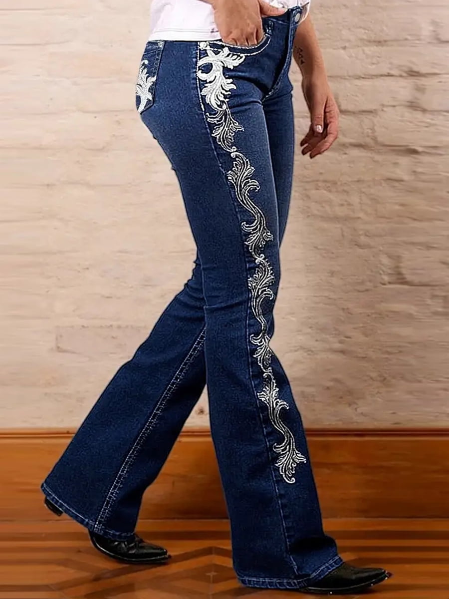 ROAD MARKINGS Women's Flare Jeans with Printing Side Design, Dark