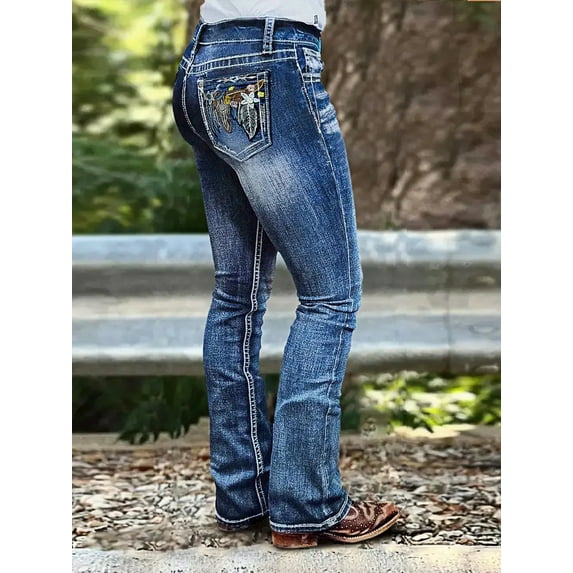 ROAD MARKINGS Women's Western Bootcut Jeans, Feather Embroidered Pockets, Contrast Stitching, Medium Wash (US, Alpha, Small, Regular, Regular, Blue)