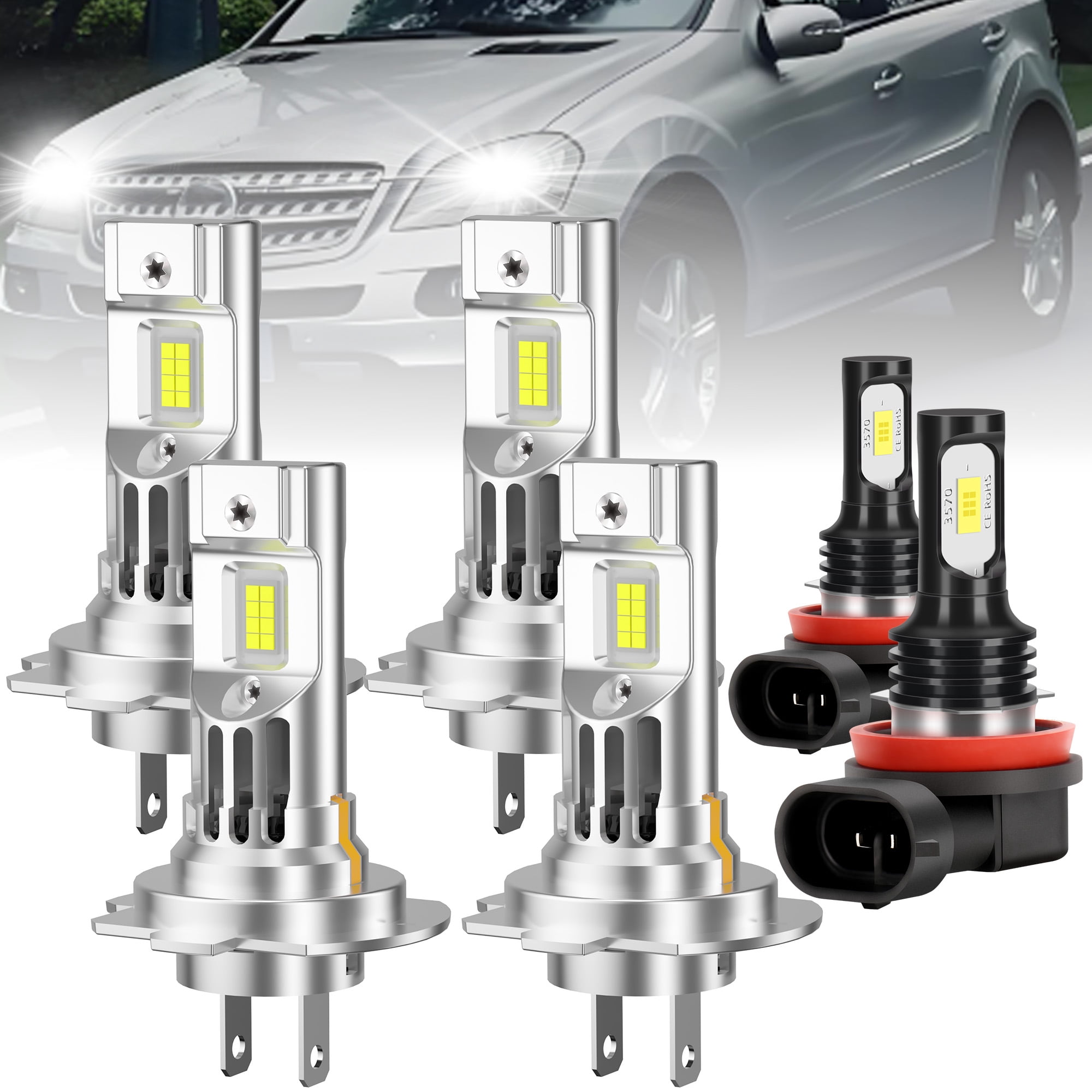 ROADSUN For Mercedes-Benz ML350 2006-2011 LED Headlight Bulbs, High Beam H7, Low Beam H7, Fog Light H11, Pack of 6, 6000K Cool White, Plug and Play