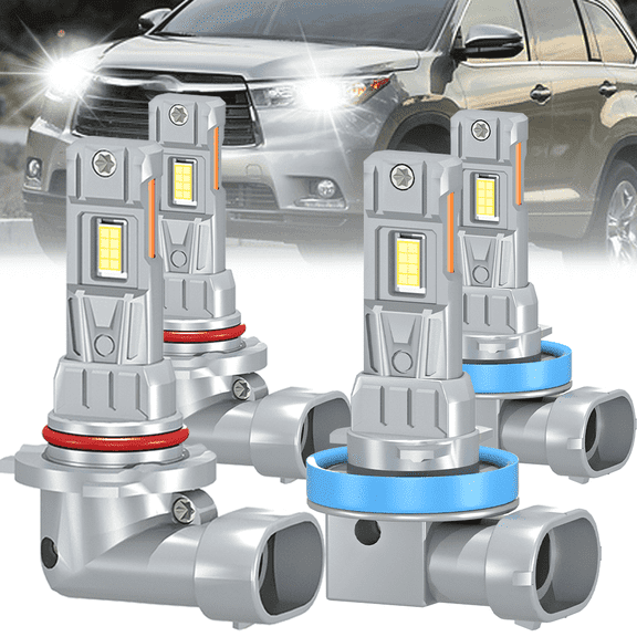 ROADSUN For Toyota Highlander 2011-2019 LED Headlight Bulbs, High Beam 9005 HB3, Low Beam H11 H8 H9, Pack of 4, 6000K Cool White, Plug and Play