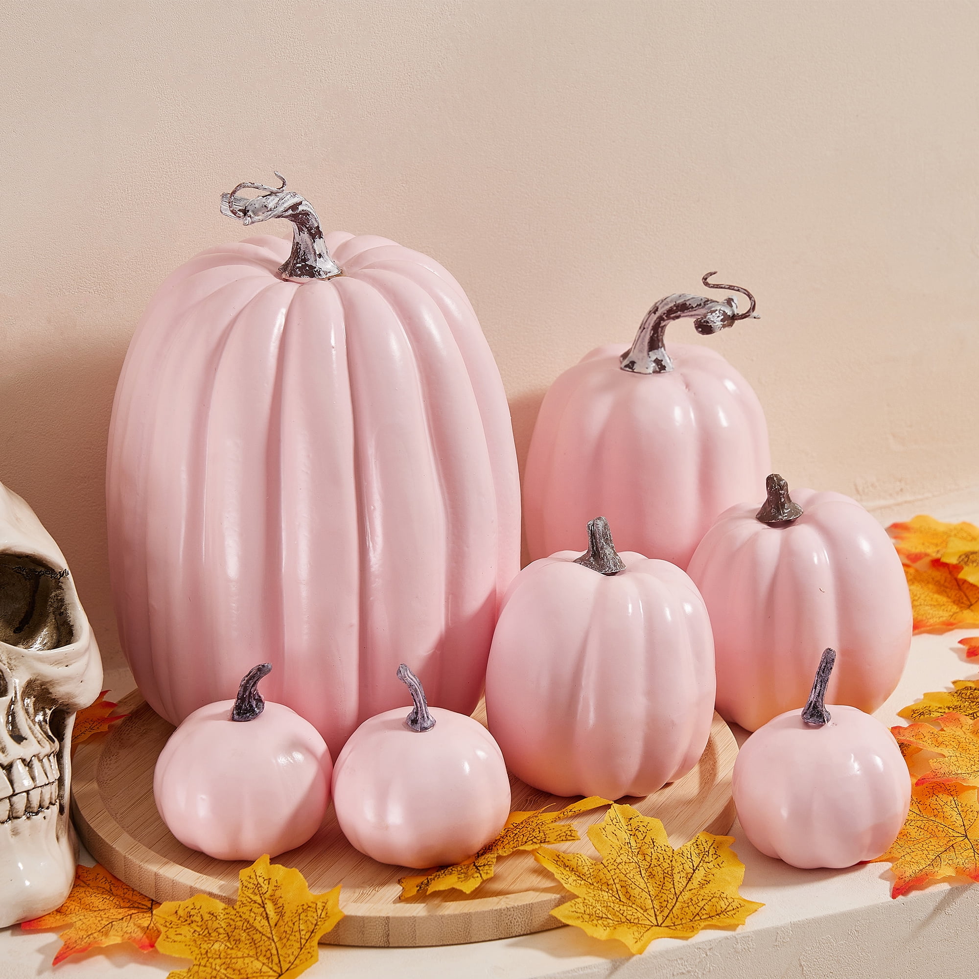 7Pcs Halloween Decorations Pink Pumpkin Set, Pumpkin Model Ornaments for Fall Decor