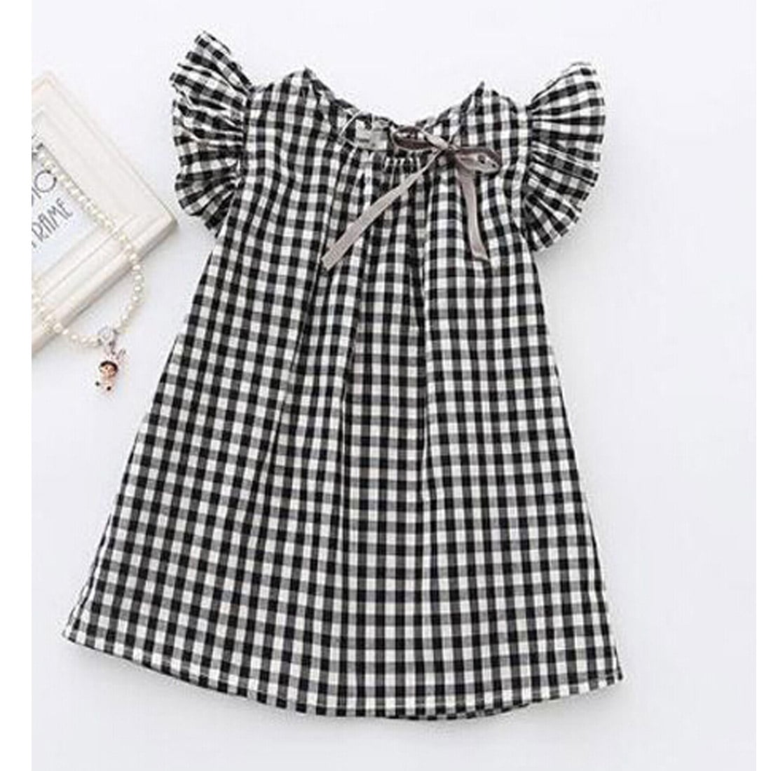Little Girls Summer Princess Dress Plaids Bowknot Flying
