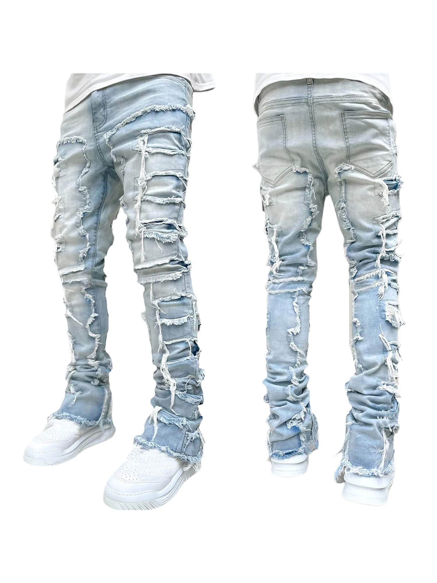 ROAONOCOMO Men Regular Stacked Jeans Patch Distressed Destroyed ...