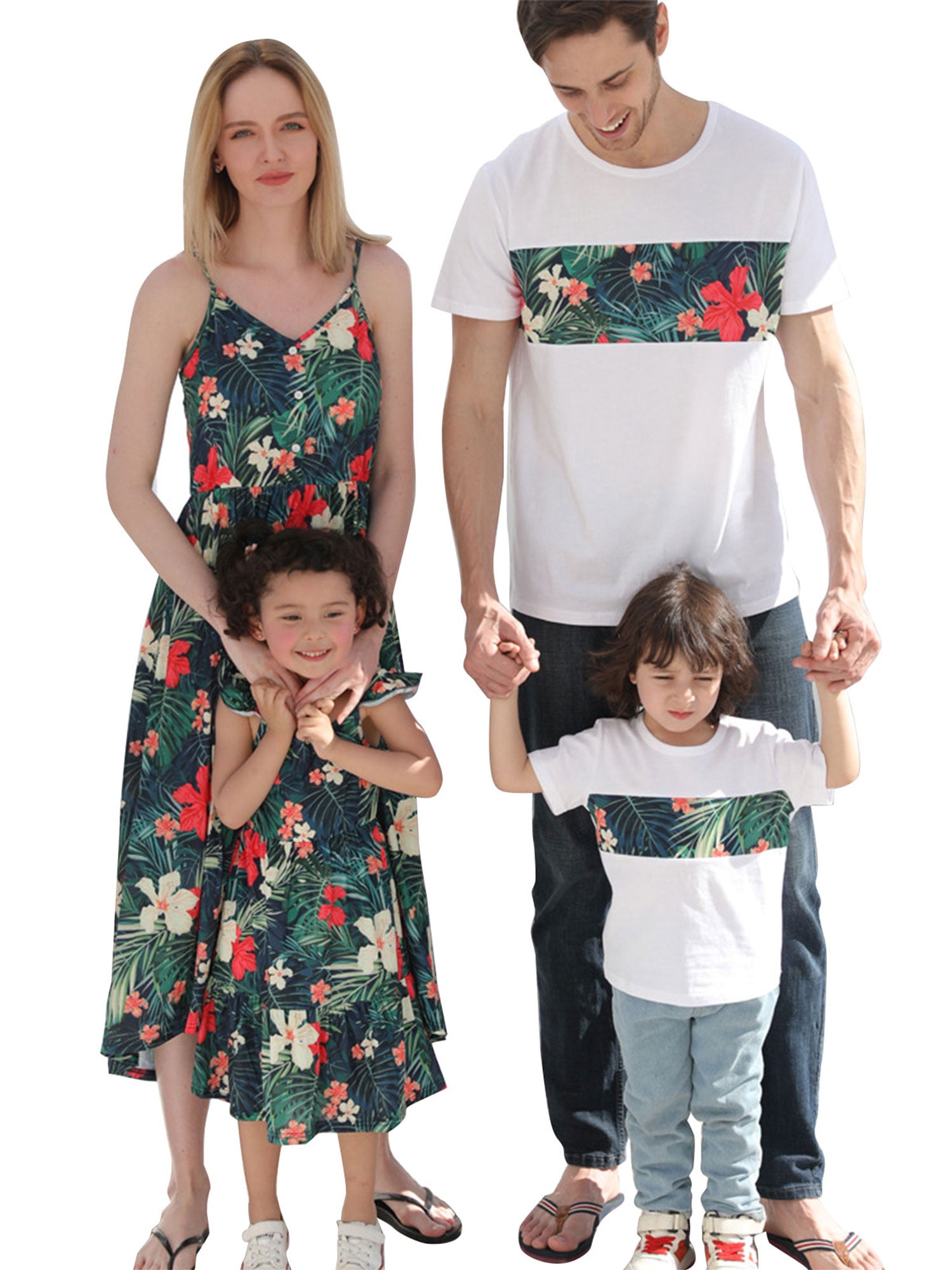 ROAONOCOMO Summer Family Matching Outfits Floral Mommy and Me Dresses Baby Girl Flower Romper Daddy and Son Matching Shirts