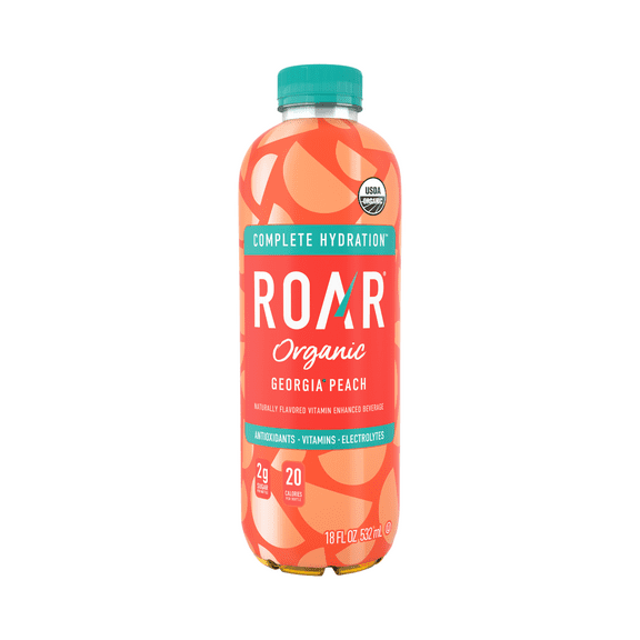Roar Organic Beverage Georgia Peach with Antioxidants, B Vitamins, Low-Calorie, Low-Sugar, Low-Carb, 18 fl oz Bottle