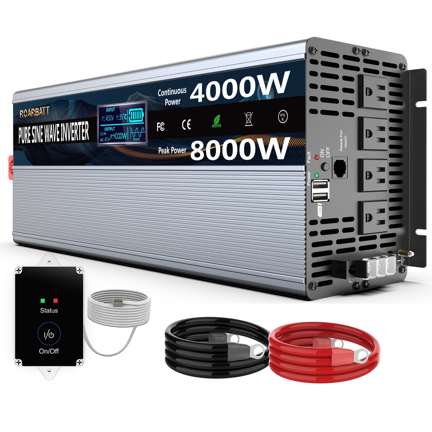 Inverter 12 V 230 V 4000 W / 8000 W Voltage Converter with Wireless Remote  Control, 2 Sockets 1 USB and LED Display