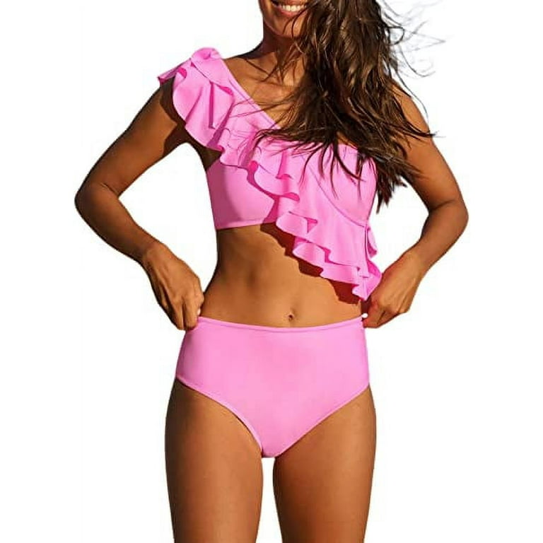 ROASO Women's Cute Bikini Polyester One Shoulder Two Piece Swimsuits Pink