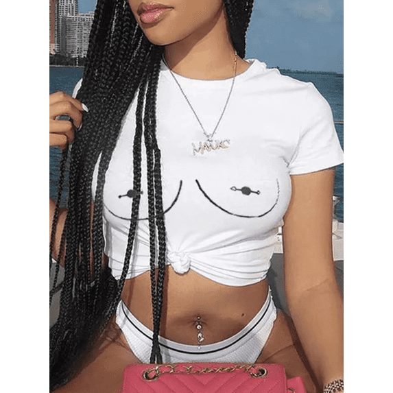 ROASO Women's Round Neck Print Regular Round Neck Short Sleeve T-shirt White