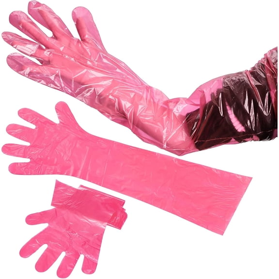 ROASSHT 100 Pcs Long Gloves Disposable, 34.2 Inch Tearproof PE Shoulder Length Gloves, Waterproof & Oil-Resistant, for Field Dressing, Gutting, Veterinary, Cleaning, Pink
