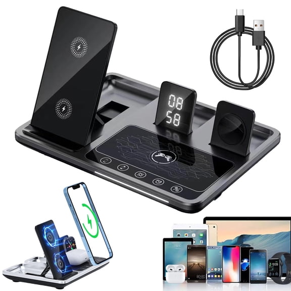 ROASSHT 4 in 1 Alarm Clock Wireless Charger Stand, 4 in 1 Wireless Charging Dock, Wireless Charger with Alarm Clock, Wireless Chargers for Ipohne/Samsung/Android (Graphite)