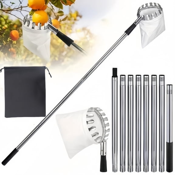 ROASSHT Fruit Picker Pole with Rotatable Basket Telescoping - 13 FT Adjustable Pole with Soft Bag, Lightweight Stainless Steel Fruit Picking Tool for Cherry, Apple, Mango, Orange, Avocado Tree Picker