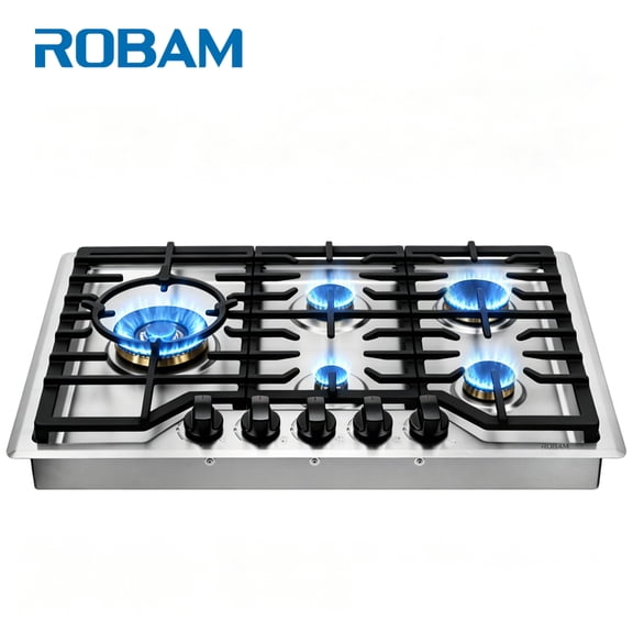 ROBAM 30-Inch Gas Cooktop 5-Burner, 304 Stainless Steel Built-in Gas Stove Top, 50,000 BTU with 15,000 BTU Wok Burner, Full Brass Burners, Flame Failure Protection, NG/LPG Convertible, 7G7H50