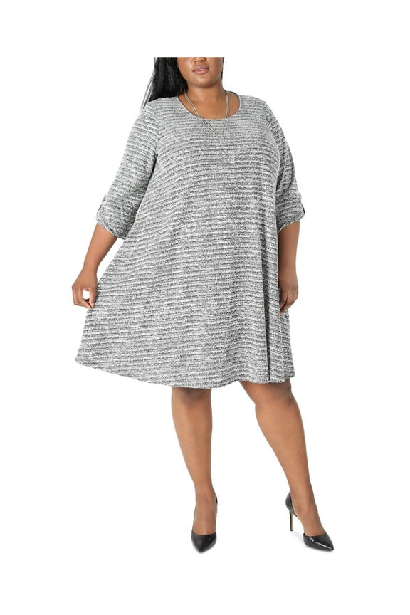 Womens Gray Textured Attached Necklace Roll-tab Sleeve Scoop Neck Above The Knee Wear To Work Shift Dress Plus 2X