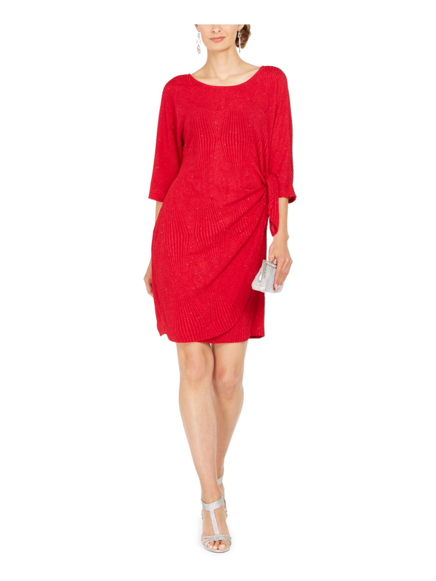 ROBBIE BEE Womens Red Glitter 3 4 Sleeve Jewel Neck Above The Knee