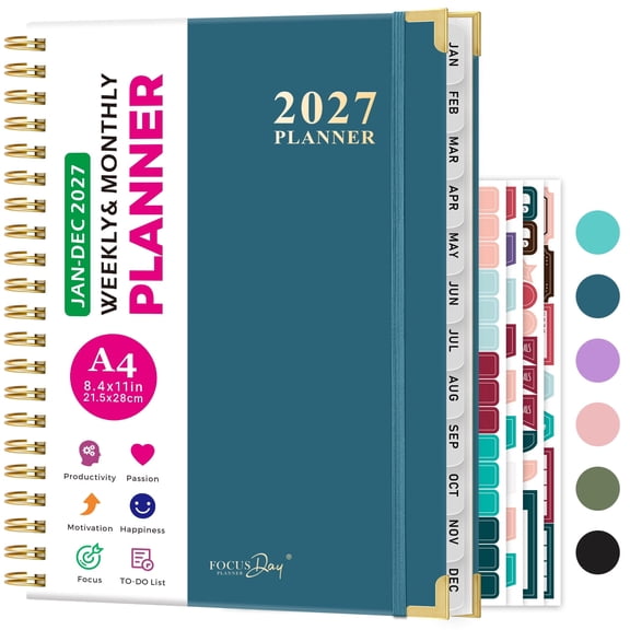 ROBCURSE 2027 Planner Weekly and Monthly, Jan 2027 - Dec 2027, A4 Large Spiral Calendar Planner Notebook with 12 Monthly Tabs, 4 stickers, Inner Pocket, 8.5" x 11", for Goal Setting, Organize Tasks