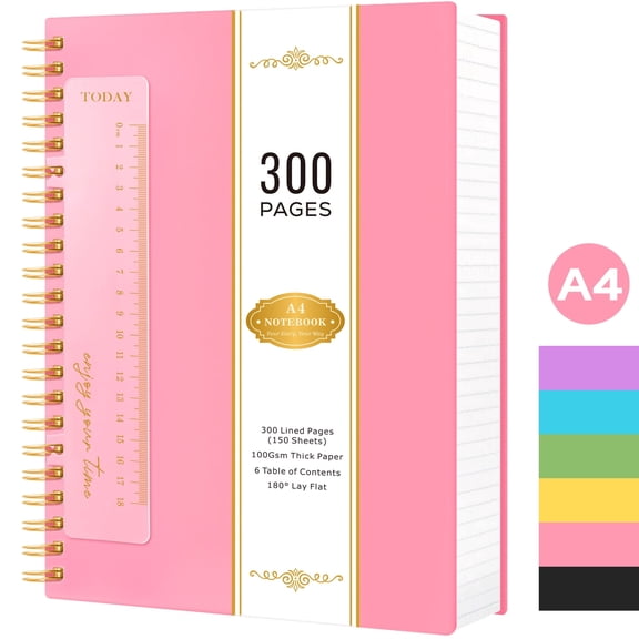 ROBCURSE A4 Lined Spiral Notebook, 300 Pages College Ruled Notebooks for Women/Men, PVC Waterproof Cover, 100GSM Thick Paper, No Bleed, Large Notebook Journal for School Work Travel, 8.5 "X 11"