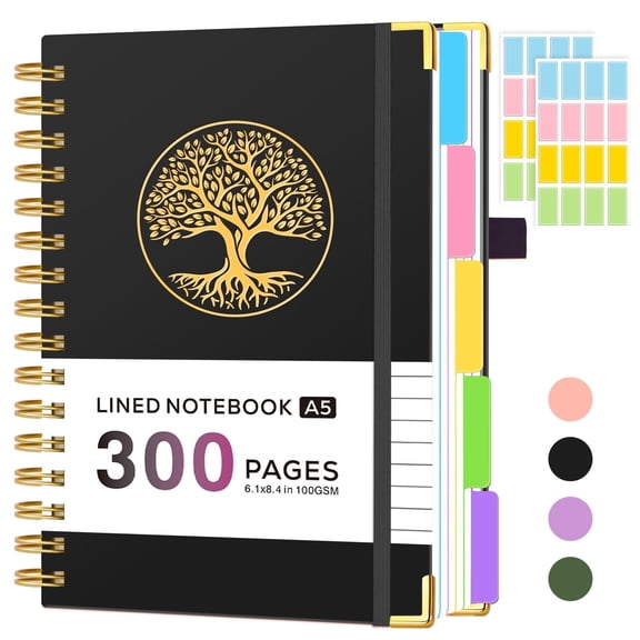ROBCURSE A5 Hardcover Spiral Notebook Journal, 5 Subject Notebook College Ruled, with Removable Dividers Tabs, 300 Pages Lined Notebooks for Work & Office Note Taking, 6.1" x 8.4", Inner Pocket
