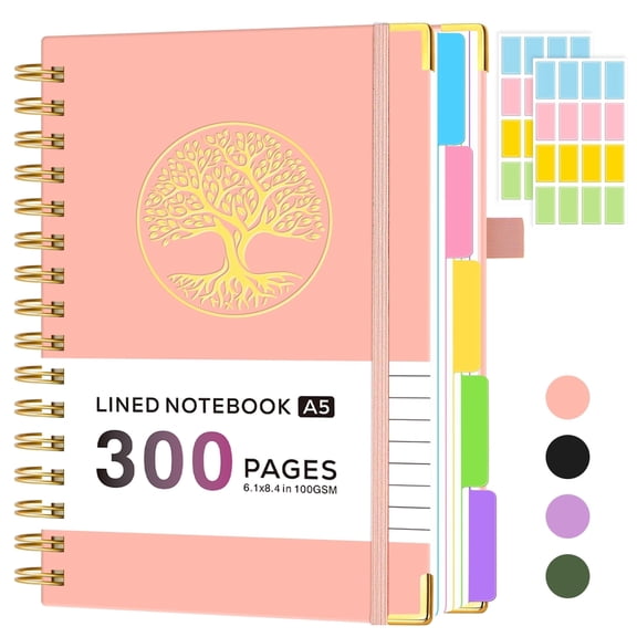 ROBCURSE A5 Hardcover Spiral Notebook Journal, 5 Subject Notebook College Ruled, with Removable Dividers Tabs, 300 Pages Lined Notebooks for Work & Office Note Taking, 6.1" x 8.4", Inner Pocket