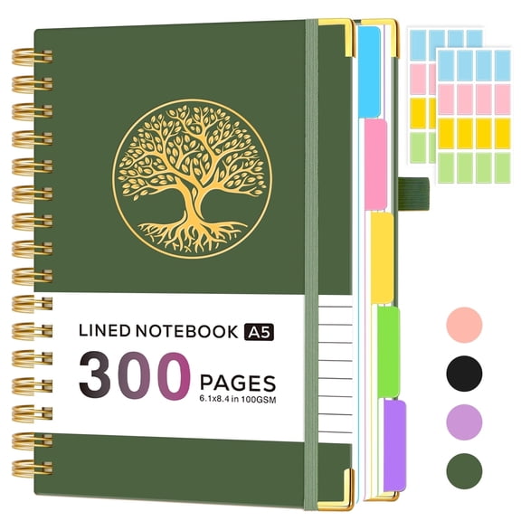 ROBCURSE A5 Hardcover Spiral Notebook Journal, 5 Subject Notebook College Ruled, with Removable Dividers Tabs, 300 Pages Lined Notebooks for Work & Office Note Taking, 6.1" x 8.4", Inner Pocket