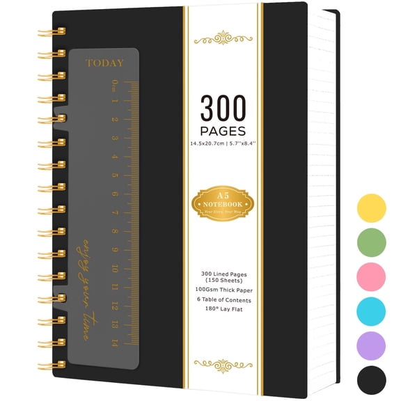 ROBCURSE A5 Spiral Notebook Journal, 300 Pages/150 Sheets Lined Notebook with Ruler, 100GSM Thick Paper, No Bleed, PVC Waterproof Cover, 5.7'' X 8.4'', for Women/Men Work, Writing, Note-taking