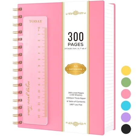 ROBCURSE A5 Spiral Notebook Journal, 300 Pages/150 Sheets Lined Notebook with Ruler, 100GSM Thick Paper, No Bleed, PVC Waterproof Cover, 5.7'' x 8.4'', for Women/Men Work, Writing, Note-taking