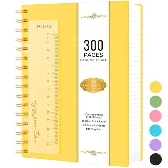 ROBCURSE A5 Spiral Notebook Journal, 300 Pages/150 Sheets Lined Notebook with Ruler, 100GSM Thick Paper, No Bleed, PVC Waterproof Cover, 5.7'' X 8.4'', for Women/Men Work, Writing, Note-taking
