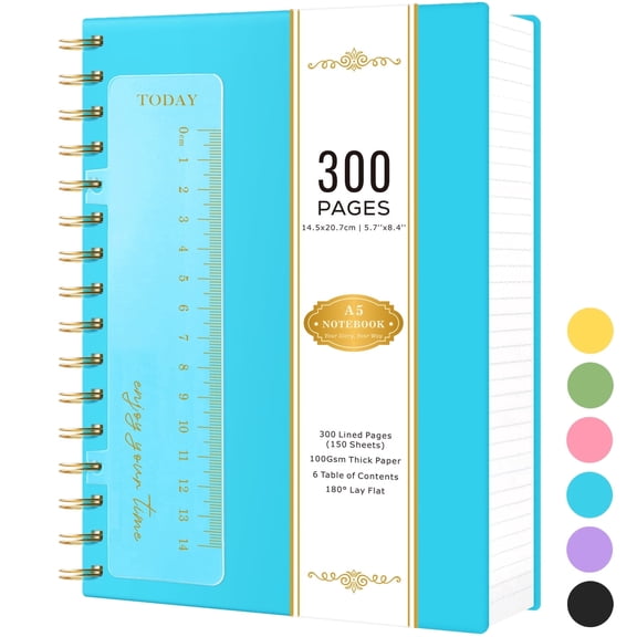 ROBCURSE A5 Spiral Notebook Journal, 300 Pages/150 Sheets Lined Notebook with Ruler, 100GSM Thick Paper, No Bleed, PVC Waterproof Cover, 5.7'' X 8.4'', for Women/Men Work, Writing, Note-taking