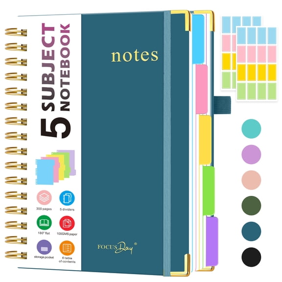 ROBCURSE A5 Spiral Notebook Journal, 5 Subject Notebook College Ruled, with Removable Dividers Tabs, 300 Pages 100GSM Thick Paper, Hardcover Notebook for Office Home, 6.1" x 8.4"