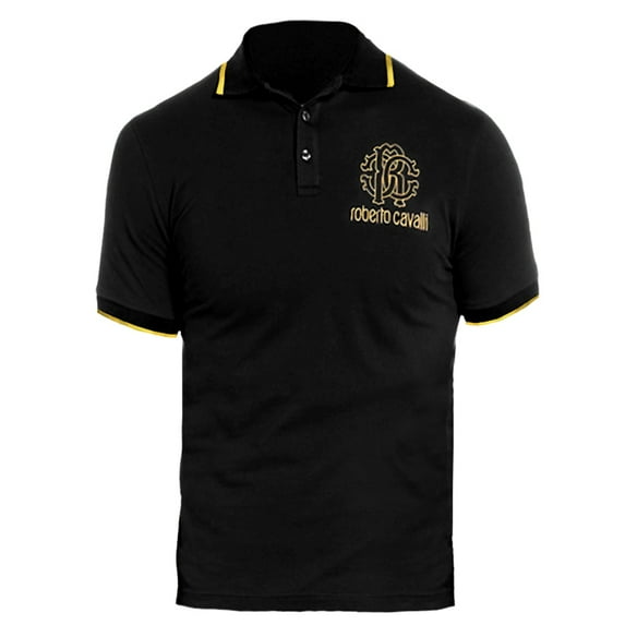 ROBERTO CAVALLI Men's Black Stretch Cotton Logo Polo T-Shirt (L)