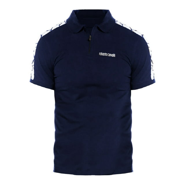ROBERTO CAVALLI Men's Blue Stretch Cotton Half Zip Polo T-Shirt (XXL)