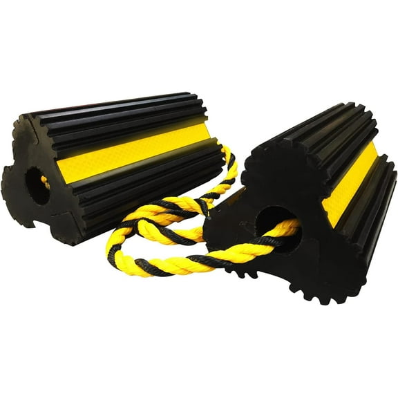 ROBLOCK Heavy Duty Wheel Chocks, Rubber Wheel Block Non-Slip Base with Nylon Rope Yellow Reflective Tape - 1 Pair Black, Wheel Stoppers for Travel Trailers, RV, Aircraft, Car, Camper, Truck