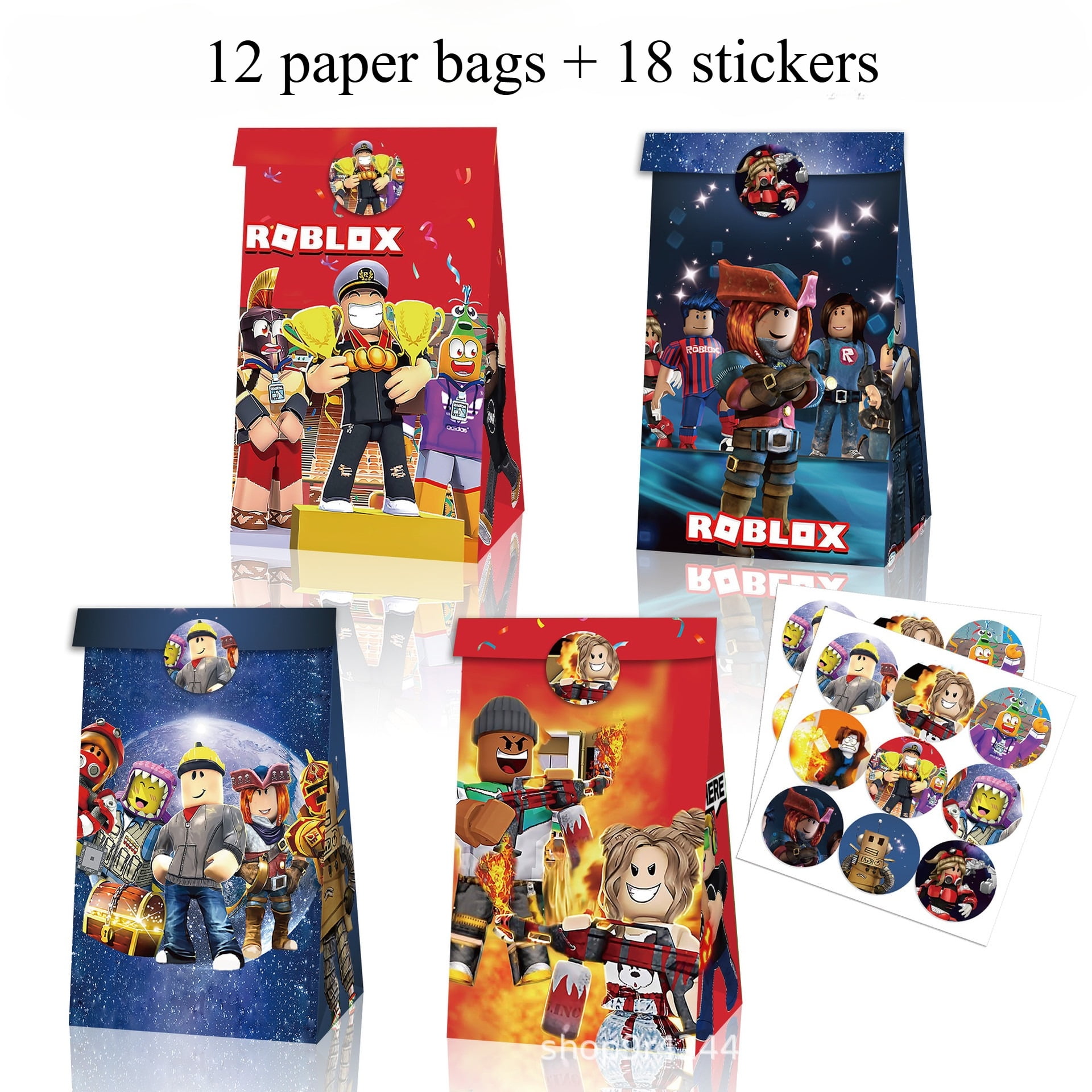 ROBLOX 12 paper bags + 18 stickers kids Cartoon Birthday Party Gift Bags Candy Bags Goody Bags kids Cartoon Birthday Party Supplies Decorations (Bags30pcs)