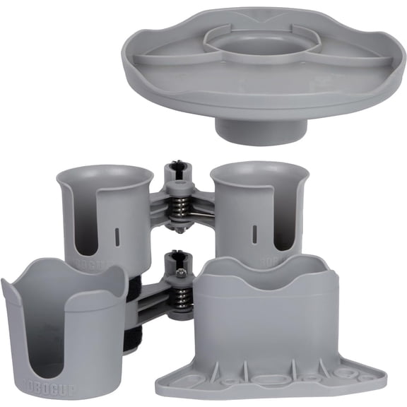 ROBOCUP Gray Ultimate Bundle Portable Clamp-On Cup Holder Set with Plate, Plus & Holster for Drinks, Phones and Accessories