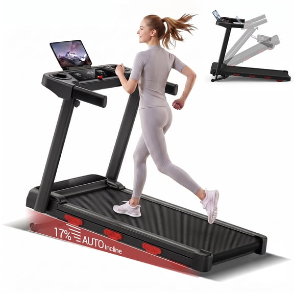ROBORE Treadmill with 17% Auto Incline, Portable Treadmil with Handle, Foldable Treadmills for Home and Office, 300 Lbs Weight Capacity, Three Touch Screen