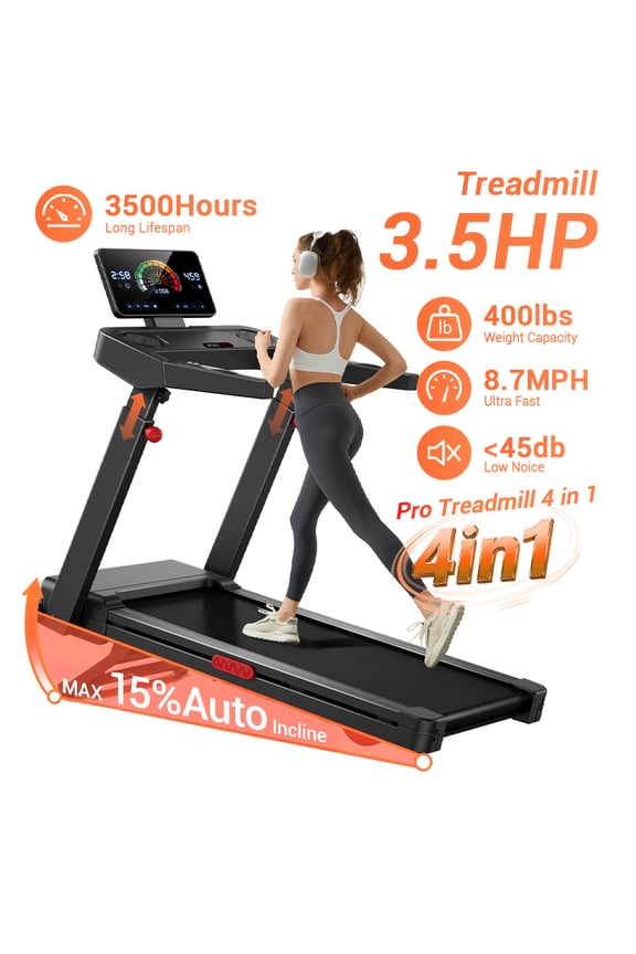 15% Treadmill Auto Incline, Foldable Home Treadmill with 3-Level Adjustable Console and Quiet 3.5 HP Motor, Max. 400lbs
