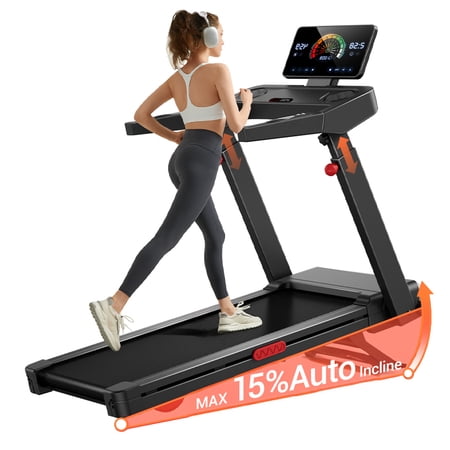 ROBORE 15% Treadmill Auto Incline, Foldable Home Treadmill with 3-Level Adjustable Console and Quiet 3.5 HP Motor, Max. 400lbs