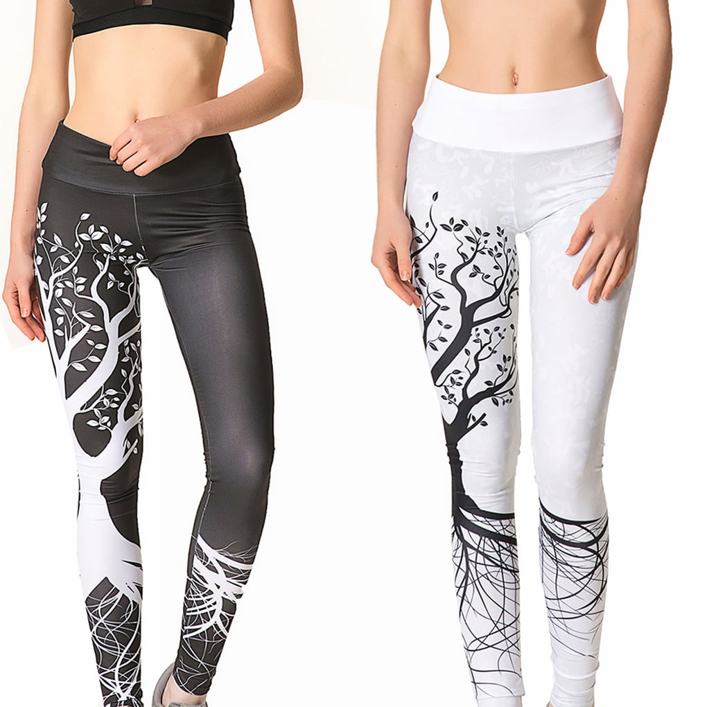 Women's Low Rise Leaf Print Yoga Pants Workout Gym Exercise