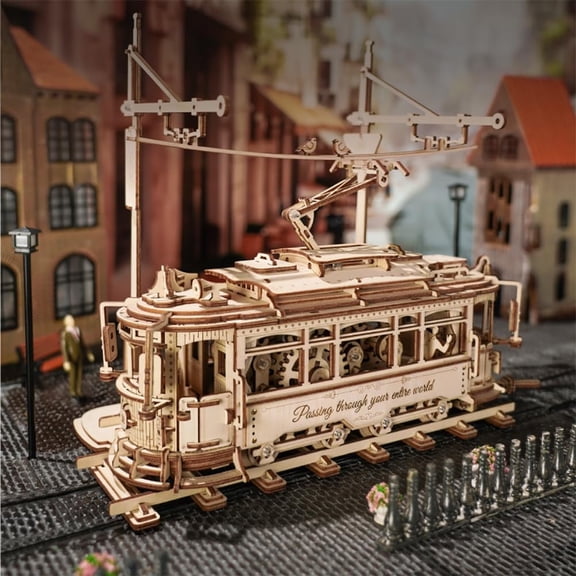 ROBOTIME 3D Wooden Puzzles DIY Mechanical Tram Model Kit Wood Model Building Kit Unique Gifts for Teens&Adults