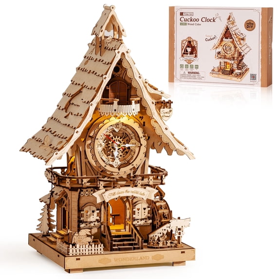 ROBOTIME Cuckoo Clock Wooden 3D Puzzle, DIY Mechanical Bird House Model Craft Kit with Music, Creative Toys Building Set for Home Decor, Gifts for Teens Adults(Nature Tree Color)