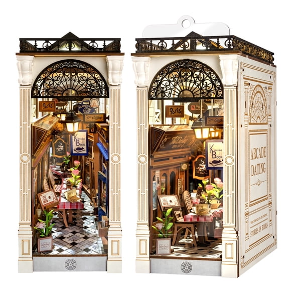ROBOTIME DIY Book Nook Kit with LED, Wooden Miniature Dollhouse Building Sets, Tiny House 3D Puzzle Craft Kits Bookshelf Decor, Gifts for Teens Adults(European Arcade Street Scene)