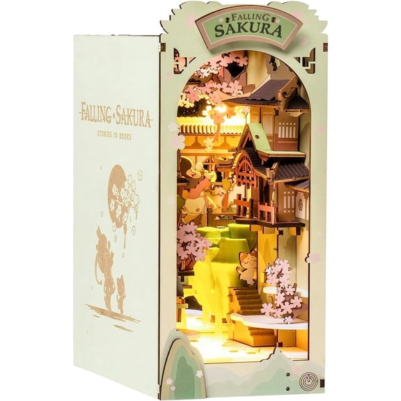 ROBOTIME Falling Sakura Wooden Mini Dollhouse Building Sets, DIY Book Nook Kit Craft Kits, Tiny House 3D Puzzle Bookends Bookshelf Decor, Gifts for Adults Teens