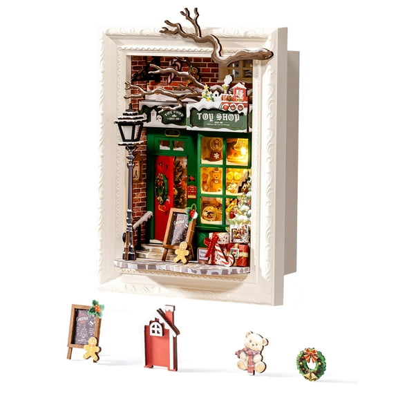 ROBOTIME DIY Miniature Christmas House Kit,3D Puzzle Wall-Mountable Tiny Home Creative Frame,Holiday Home Decor Craft Kits for Adults (Santa's Toy Shop)
