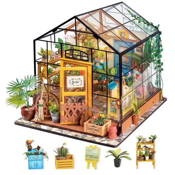 Robotime DIY Miniature House Kit-Cathy's Flower House,Mini Dollhouse Building Sets for Home Decor, Wooden 3D Puzzle Tiny Home Craft Kits, Gifts for Adults Teens