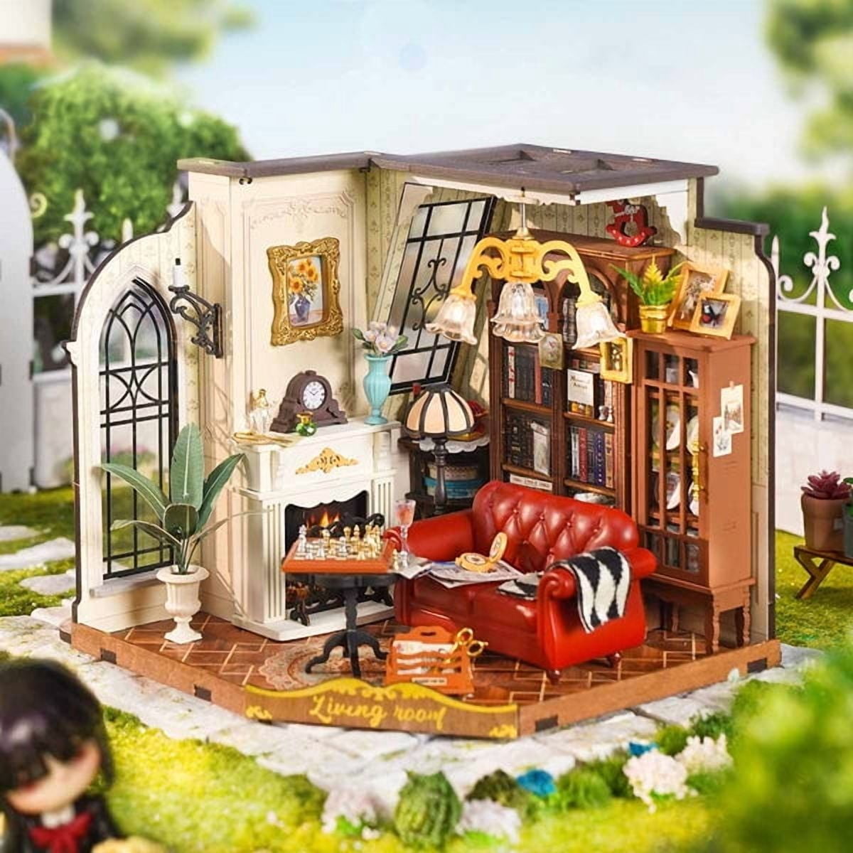 ROBOTIME DIY Miniature House Kit-Catherine's Living Room,Mini Wooden Dollhouse Model Building Sets,Tiny House Craft Kits Gifts for Adults Teens