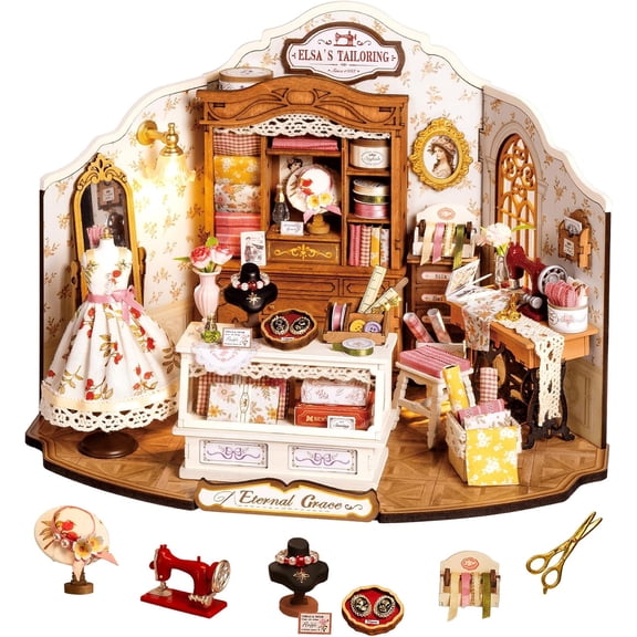 Robotime DIY Miniature Wooden Dollhouse Kit for Adults 266 Pieces-Elsa's Tailoring