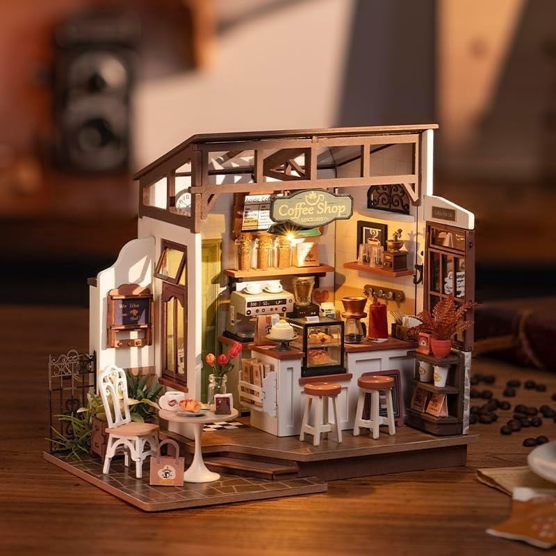 ROBOTIME DIY Miniature House Kit-Flavory Coffee Shop,Mini Wooden Dollhouse Model Building Sets for Home Decor,Tiny House Craft Kits Gifts for Teens Adults