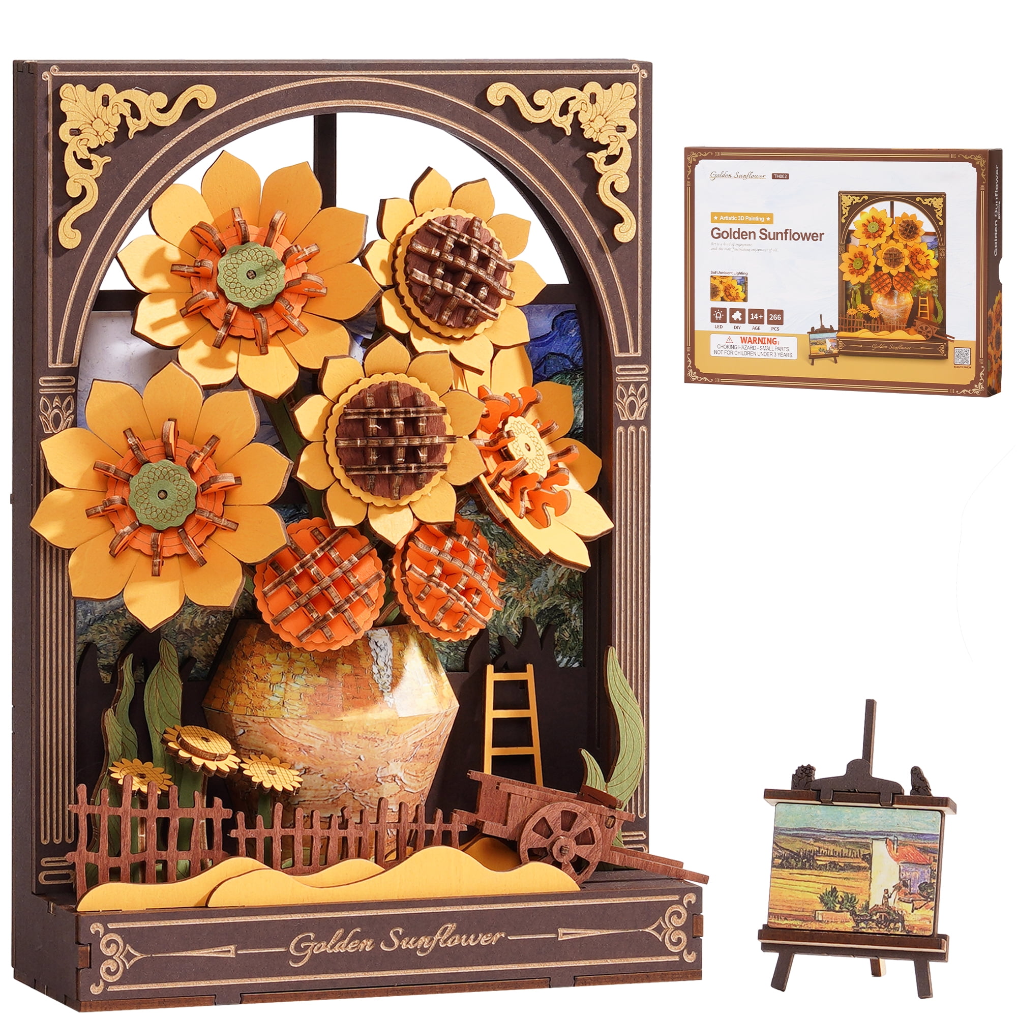 ROBOTIME Golden Sunflower 3D Puzzle Building Kits, Wooden Flower Model Craft Kits for Adults to Build, Hangable 3D Art Painting Wall Decor, Ideal Festival Gifts for Adults Teens