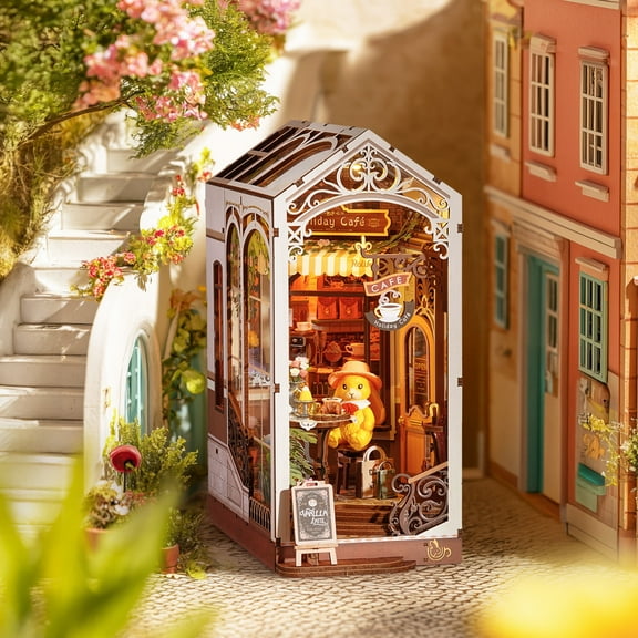 ROBOTIME Holiday Cafe DIY Book Nook Kit, Wooden Miniature Dollhouse Building Sets, Tiny Home 3D Puzzle Craft Kits Bookshelf Decor, Gifts for Adults Teens