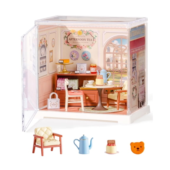 ROBOTIME Mini Dollhouse Kit Super Creator Plastic DIY Miniature House Building Set,Tiny Home Craft Kits Gifts for Teens Adults(Honey Tea Lounge)