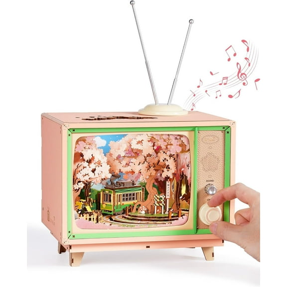 ROBOTIME Sakura Dreamy Tour 3D Puzzle Music Box Model Set,DIY Miniature House Kit for Adults,Book Nook TV with Lights for Bookend Bookshelf Decor,Birthday Gifts for Girls Women